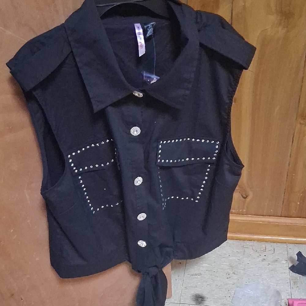 Love By Design Black Button Down Shirt with Tie Detail